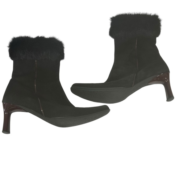 Vintage black suede booties Italy women’s size 40 USA 9B fur trim bohochic zips - Picture 7 of 16